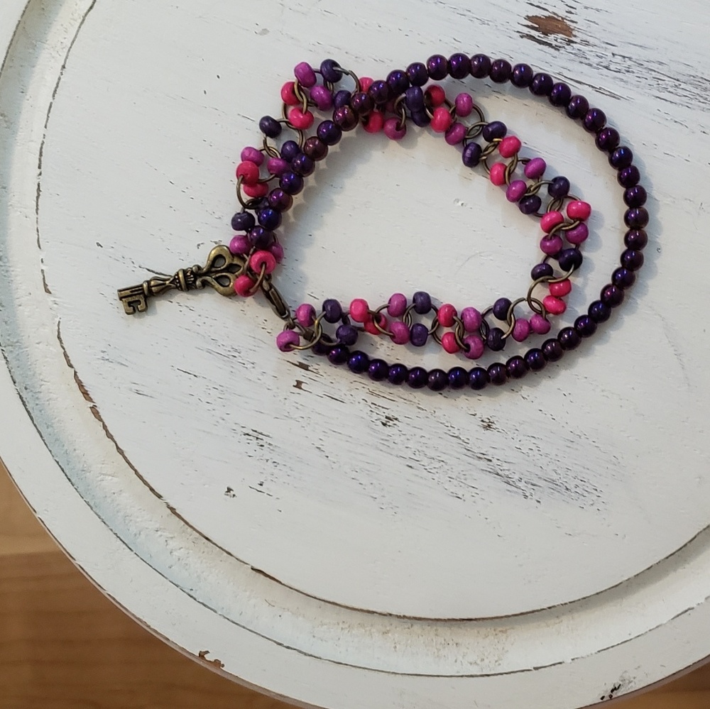 Pink and Purple Beaded Charm Bracelet